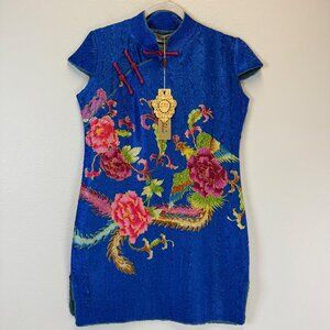 NWT Qianzhehui Colorful Peacock Feather Blue Top Silk Blend Material Kimono